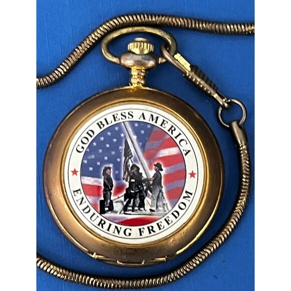 God Bless America Enduring Freedom Pocket Watch in box fresh battery gold tone - Picture 1 of 14